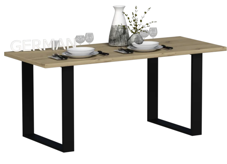 Stół loftowy GERMAN z blatem dąb artisan na czarnych nogach ramowych, widok pod kątem.