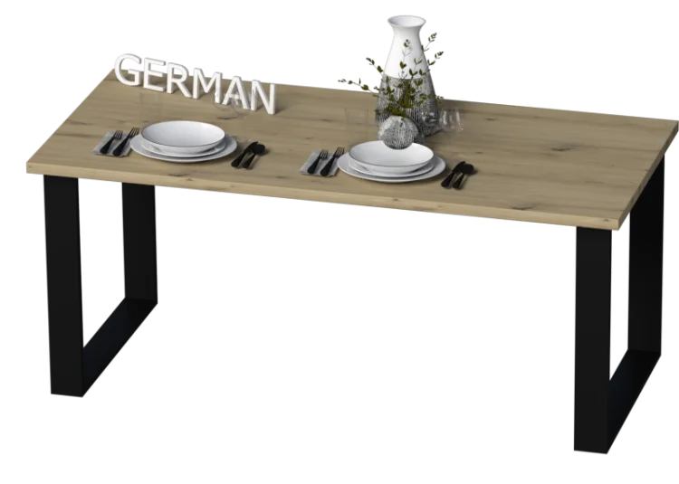 Stół loftowy GERMAN z blatem dąb artisan na czarnych nogach ramowych, widok na blat z góry.