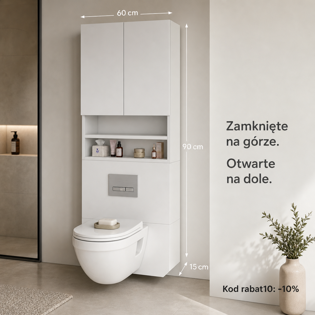 Wykorzystaj przestrzeń nad Geberit. Zyskaj schowek bez przytłaczania łazienki.