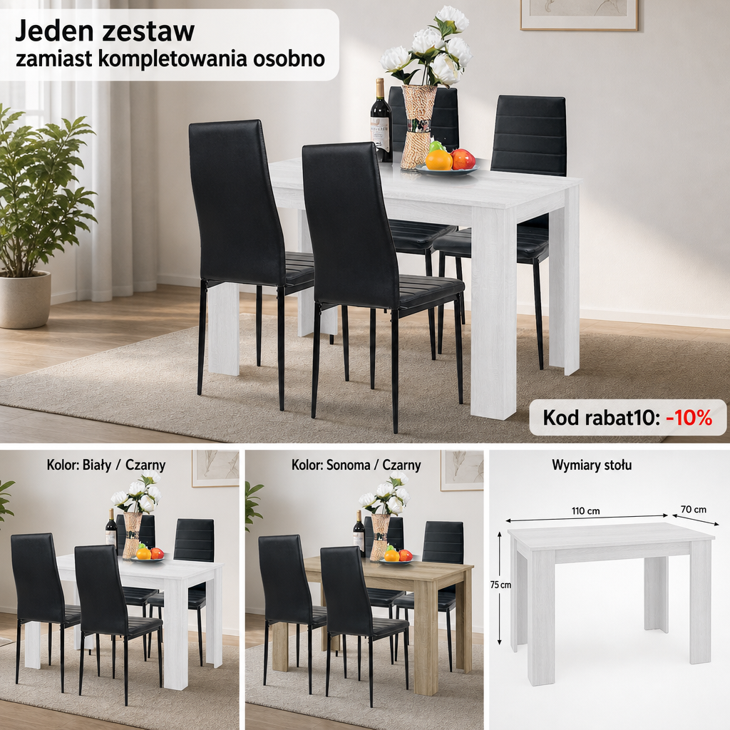 Gotowy zestaw do jadalni: stół + 4 krzesła